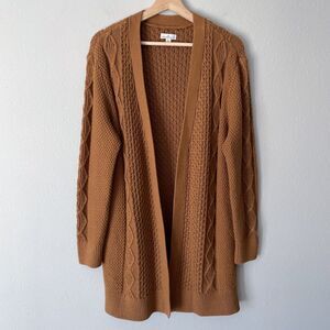 LL Bean Signature Cotton Cardigan Cable Knit Saddle Size M Open Front Pockets